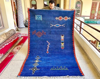 Blue Moroccan Rug, Handmade Beni Ourain Berber Rug, Abstract Wool Area Rug for Living Room, Custom Bohemian Boujaad Bedroom Nursery Rug