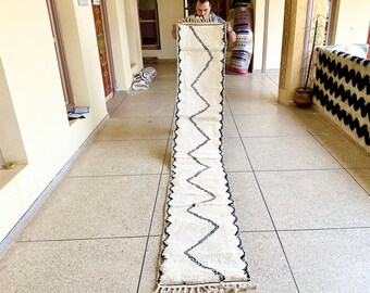 CUTE BENIOURAIN RUG, Handmade Rug 2x11, White & Black Runner Rug, Berber Wool Rug, Geometric Wool Rug, Runner Rug, Area Rug, Handwoven rug