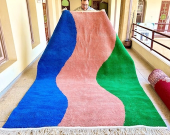 BENI OURAIN RUG, Shaggy Moroccan Design, Handcrafted Wool Carpet, Custom Size Berber Rug, Fabulous Green, Abstract Blue & pink Area Rug,