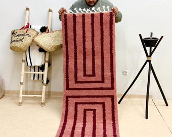 Moroccan Runner Rug | Custom Beni Ourain Carpet | Pink Shag Wool Stripe Hallway Decor