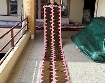 Moroccan Runner Rug - Beni Ourain Pink and Brown Striped Rug - Handwoven Wool Carpet - Handmade Rug For Boho Entryway, Hallway, Kids&#39; Room