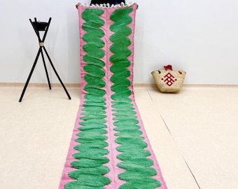 Soft Chic Authentic Beni Ourain Hallway Rug in Pink & Green Stripes, Custom Moroccan, Wool Runner Rug, Handmade Entryways Rug.