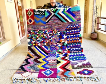 STYLISH HANDMADE CARPET, Moroccan Colorful Rug 8x5, Beniourain Blue and Red Rug, Handwoven Area Rug, Patchwork Wool Rug, Berber Rug.