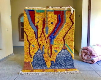 Moroccan Yellow Rug – Abstract Beni Ourain Wool Carpet – Custom Handmade Soft Wool Rug for Boho & Eclectic Living Room or Bedroom