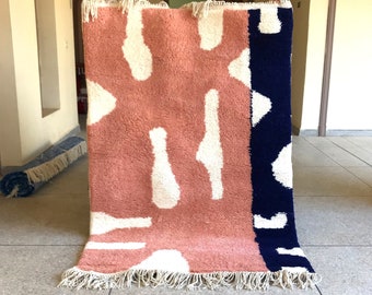 Moroccan rug Pink - Beni ourain rug - Pink and Blue rug - Berber Carpet - Handmade rug - Moroccan plain rug - Minimalist rug - Soft Wool rug