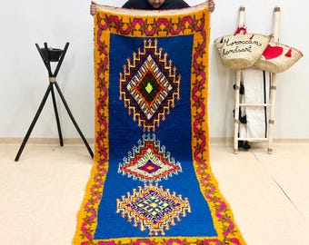 BOHEMIAN RUG 3.5x10.4, Moroccan Rug, Handmade Berber Motifs Rug, Blue Geometric WOOL Rug, Vintage Hand Knotted Area Rug, Moroccan Style