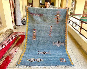 CHARMING BENIOURAIN RUG, Made To Order Rug, Handmade Moroccan Rug, Teal Blue and Yellow Rug, Handwoven Berber Rug, Wool Carpet, Area Rug.