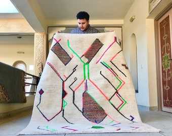 Beni Ourain Rug, White and Green Striped Moroccan Rug, Custom Wool Handmade Carpet, Area Living Room Rug for Minimalist Home Decor
