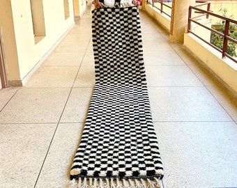Custom Runner Rug, Black and White Checkered Wool Runner, Handmade Moroccan Hallway Rug, Check Beni Ourain Kitchen Rug