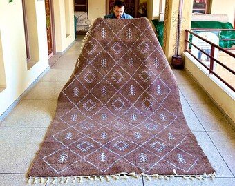 Beni Ourain Rug, Brown and White Geometric Moroccan Rug, Custom Abstract Handmade Carpet, Handwoven Wool Area Rug for Minimalist Home Decor