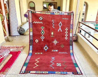 ELEGANT ABSTRACT RUG, Handmade Berber Wool Rug, Authentic Moroccan Rug, Beni Ourain Style Rug, Red Shag Carpet, Moroccan Area Rug.
