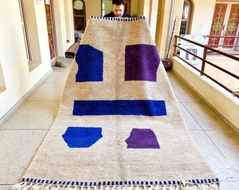 Authentic Moroccan Rug – Brown and Blue Abstract Beni Ourain, Cozy Handmade Sheep Wool Area Rug for Bedroom, Living Room, Kids Room, Nursery