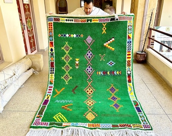 BENI OURAIN RUG, Moroccan Shag Rug, Custom Abstract Wool Rug, Green Area Rug, Berber Carpet, Unique Dining Room Rug