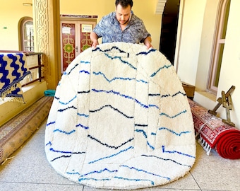 BENI OURAIN RUG, Round White Moroccan Rug, Authentic Wool Area Rug, Handmade Shag Rug, Striped Berber Rug For Living Room.