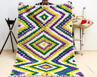 FLUFFY HANDMADE RUG, Checkered Multicolor Rug, Geometric Moroccan Rug, Beni Ourain Area Rug, Tufted Berber Carpet, High-Quality Wool Rug