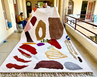 Artistic BENI OURAIN RUG, Moroccan Handmade White and Broun Rug, Abstract Berber Wool Rug, Custom Moroccan Rug, Handwoven Bohemian Area Rug.