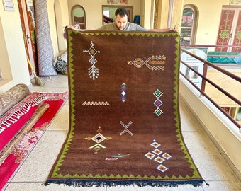 ABSTRACT HANDMADE RUG, Stunning Moroccan Rug, Artisan Berber Carpet, Custom Size Wool Rug, Brown Area Rug, Crafted Interior Decor.