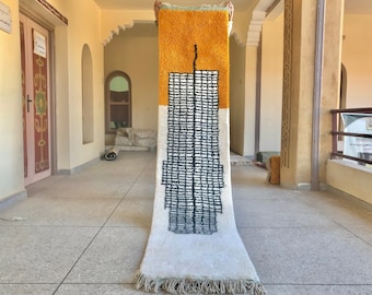 BEAUTIFUL_MOROCAN_RUNNER_abstract_wool_Handmade_Berber_rug_Runner_white_orange_black_tribal_berber_nomad_decor_house Custom Moroccanhands