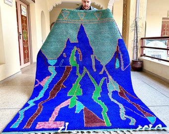 BLUE OCEAN RUG, Amazing Abstract Area Rug For Your Living Room, Handmade From Royal Blue Wool of Sheep, Inspired by Berber Nomadic Tribes