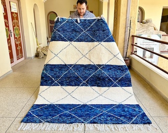 CUSTOM BENIOURAIN RUG, Moroccan Berber Rug, Unique Blue and White Rug, Handmade Rug, Abstract Rug, Sheep Wool Rug, Handwoven Area Rug.