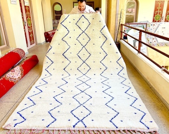 Moroccan Rug, Blue and White Geometric Custom Beni Ourain Rug, Minimalist Handmade Berber Wool Carpet, Soft Sheep Wool Living Room Area Rug