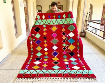 Moroccan Rug – Red Abstract Beni Ourain Carpet – Custom Handmade Wool Area Rug for Bohemian & Eclectic Home Decor