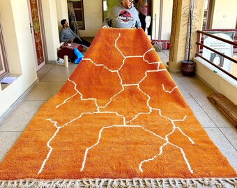 Geometric Moroccan Rug – Orange and White Stripe Beni Ourain Rug – Berber Handmade Sheep Wool Rug – Area Rug for Living Room or Bedroom