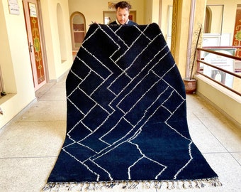Moroccan Rug – Black and White Geometric Beni Ourain Carpet – Custom Handmade Wool Rug for Living Room and Bohemian Home Decor