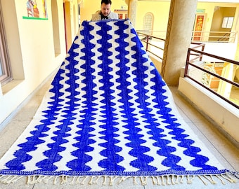 Kilim Moroccan Rug - Beni Ourain Striped Blue and White Rug - Flatweave Wool Carpet - Handmade Custom Area Rug for Living Room or Bedroom