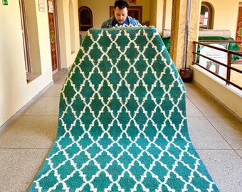 MARVELOUS BENIOURAIN RUG, 8x5 Moroccan Rug, Green and White Rug, Handmade Berber Rug, Striped Sheep Wool Carpet, Handwoven Area Rug.