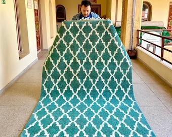 MARVELOUS BENIOURAIN RUG, Custom Moroccan Rug, Green and White Rug, Handmade Berber Rug, Striped Sheep Wool Carpet, Handwoven Area Rug.