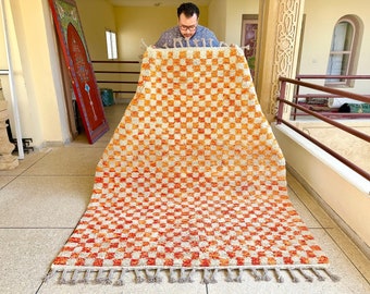 Gorgeous Beni Ourain Rug, Checkered Moroccan Rug, Wool Rug, Orange wool Checkerboard Rug, Berber Solid Rug, Moroccan Berber tufted Rug