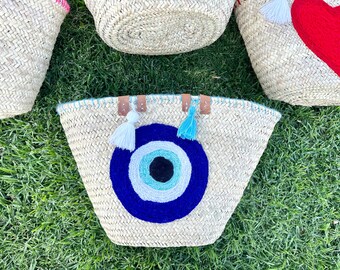 Moroccan Straw Bag, Straw Beach Bag, Blue eye Shopping Basket, French Basket With Double Leather Handles, grocery market bag
