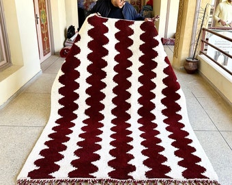 MODERN AREA RUG, Handwoven Beni Ourain Rug, Custom Moroccan Rug, Natural Wool Carpet, Artisan-Crafted Berber Rug, Red & White Striped Design