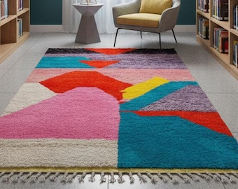 Handmade Moroccan Rug | Multicolored Abstract Beni ourain Wool Carpet | Soft Bohemian Shag Area Rug