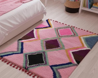 Pink Moroccan Rug - Geometric Beni Ourain Shag, Custom Handmade Wool Berber Carpet
