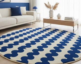 Round Beni ourain rug blue and white - Striped Moroccan rug - Wool Berber rug - Custom size circle rug - Living room rug - Genuine lamb wool