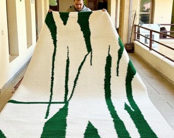 BENI OURAIN CARPET, Moroccan Beni Ourain Abstract Rug, Green and White Custom Rug, Berber Beni Rug, Wool Area Rug, Dining Room Rug