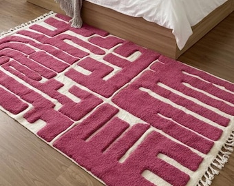 Pink Beni ourain Rug | Hand-Tufted Moroccan Wool Berber Carpet | Modern Abstract Custom Shag Rug