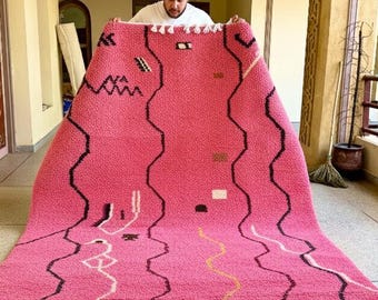 Pink Area Rug, Moroccan Abstract Wool Carpet, Custom Handmade Berber Pink Beni Ourain Rug, High-Quality Shag Area Rug