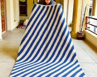 COZY BLUE RUG, Custom Moroccan Rug, Beni Ourain Wool Rug, Berber Area Rug, Handmade Striped Carpet, Luxe Shag Rug for Contemporary Homes
