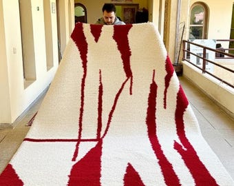 BENI OURAIN CARPET, Moroccan Beni Ourain Abstract Rug, Red and White Custom Rug, Berber Beni Rug, Wool Area Rug, Dining Room Rug