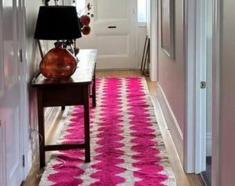 Moroccan Runner – Pink and White Striped Beni Ourain Carpet – Custom Handmade Wool Hallway Rug for Bohemian and Eclectic Home Decor