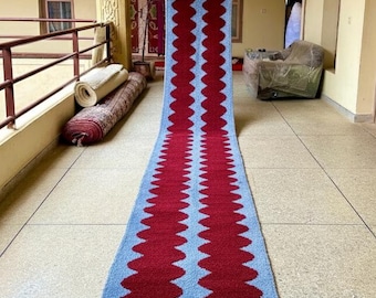 Handmade Custom Moroccan Runner - Red and Blue Wool Rug - Beni Ourain Hallway Runner rug - Striped Entryway Bohemian Carpet