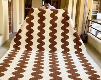 Handmade Striped Moroccan Rug – Custom Beni Ourain, Brown & White Wool Berber Carpet, Authentic Atlas Design, Authentic Area Rug