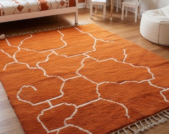 Geometric Moroccan Rug - Orange and White Beni ourain Handmade Wool Area Rug for Bedroom & Living Room