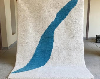 BENI OURAIN RUG, Blue Abstract Rug, Custom Moroccan Rug, Handmade Wool Rug, White Background Area Rug, Contemporary Berber Carpet.