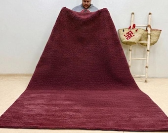 Burgundy Moroccan Rug | Handmade Beni ourain Solid Rug | Wool Berber Shag Area Rug