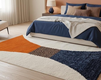 Blue & Orange Moroccan Rug | Beni ourain Abstract Carpet | Custom Size Handwoven Wool Rug