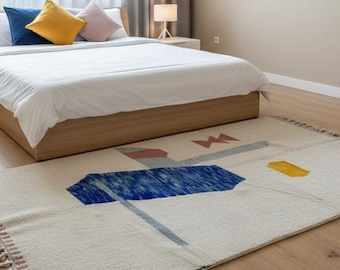 Custom Beni Ourain Blue & White Rug | Handwoven Abstract Wool Carpet for Bohemian Minimalist Homes